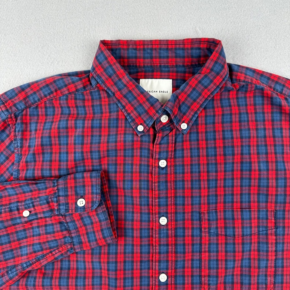 American Eagle Button Down Shirt Men XLT Red Navy Blue Plaid Long Sleeve Cotton